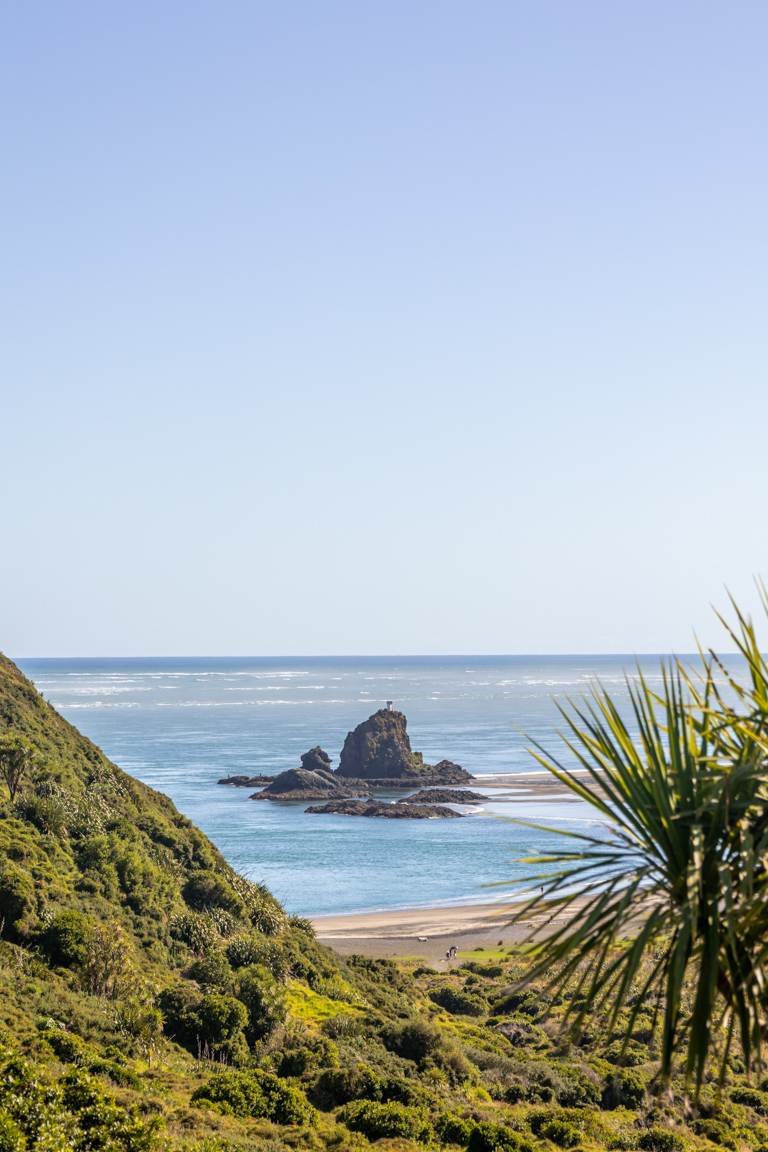 Te Toka-Tapu-a-Kupe / Ninepin Rock, Whatipū from Omanawanui track