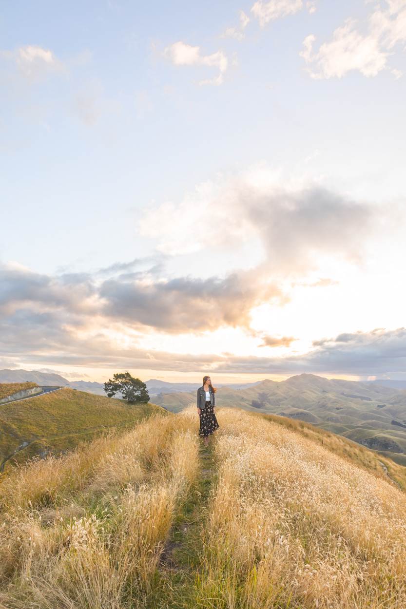 girl standing on top of te mata peak at sunset with beautiful landscape in background