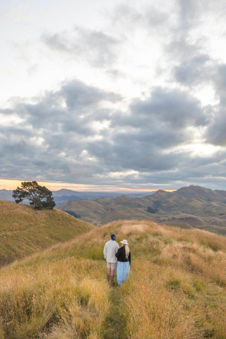 couple looking over sunset view at top of te mata peak