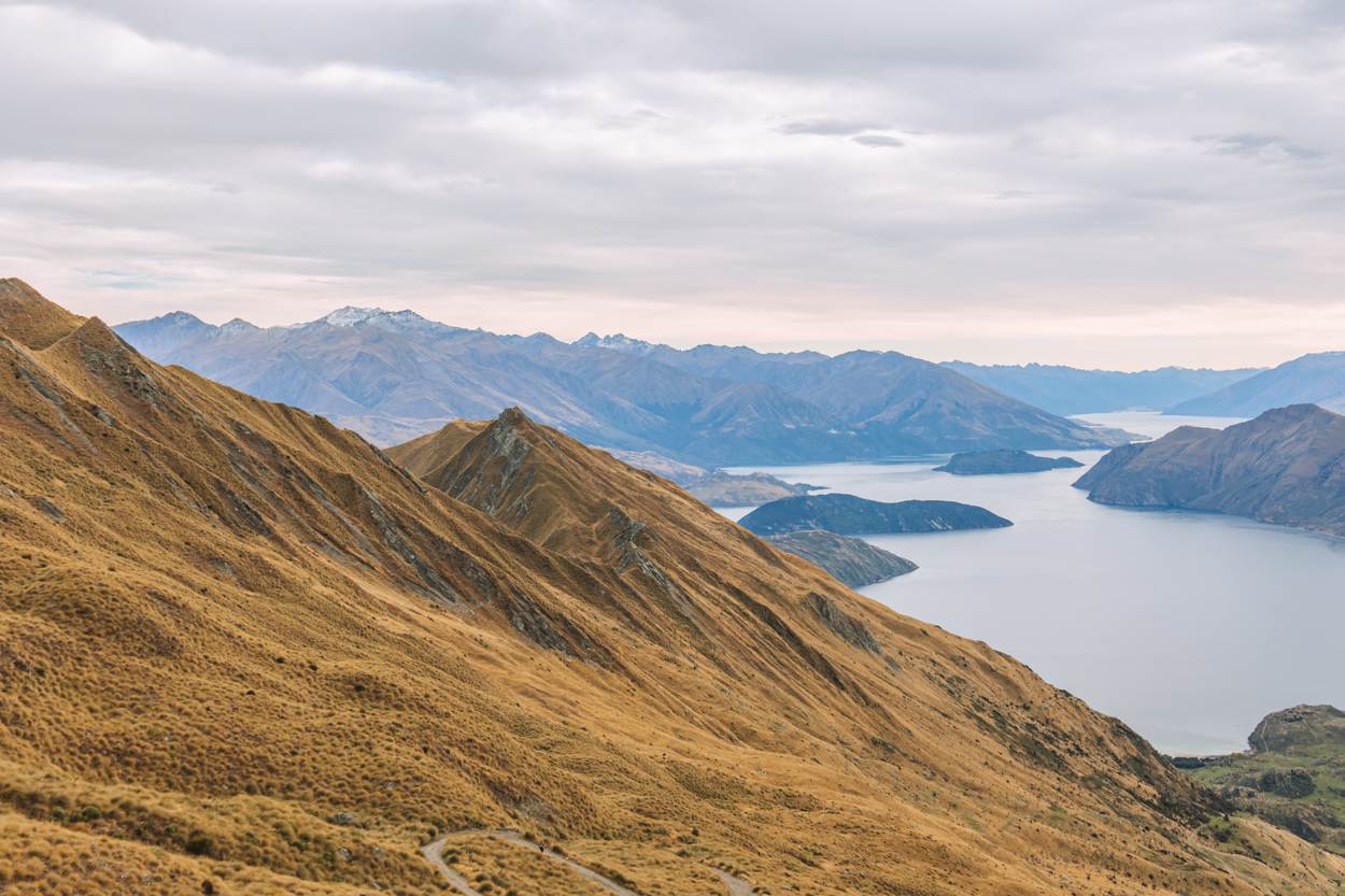 mountain views of lake wanaka from hiking roys peak in new zealand