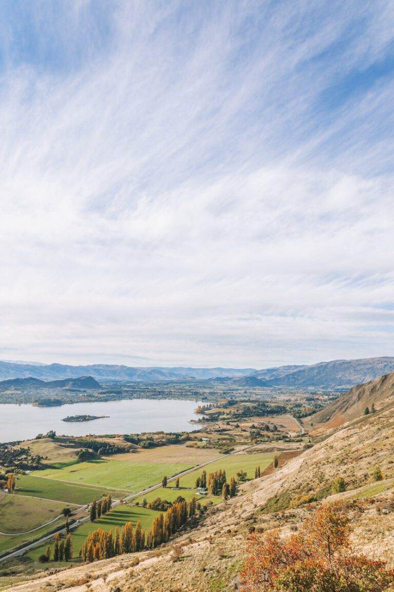 view of wanaka town from hike roys peak new zealand