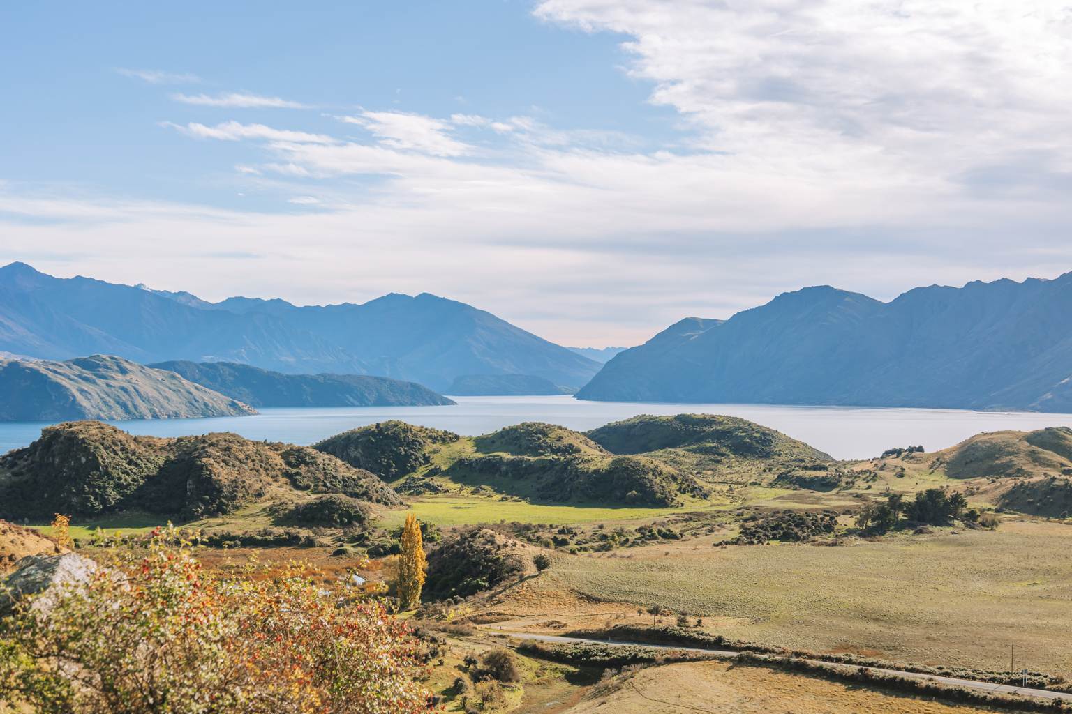 landscape of farmland and lake wanaka from hiking roys peak in new zealand