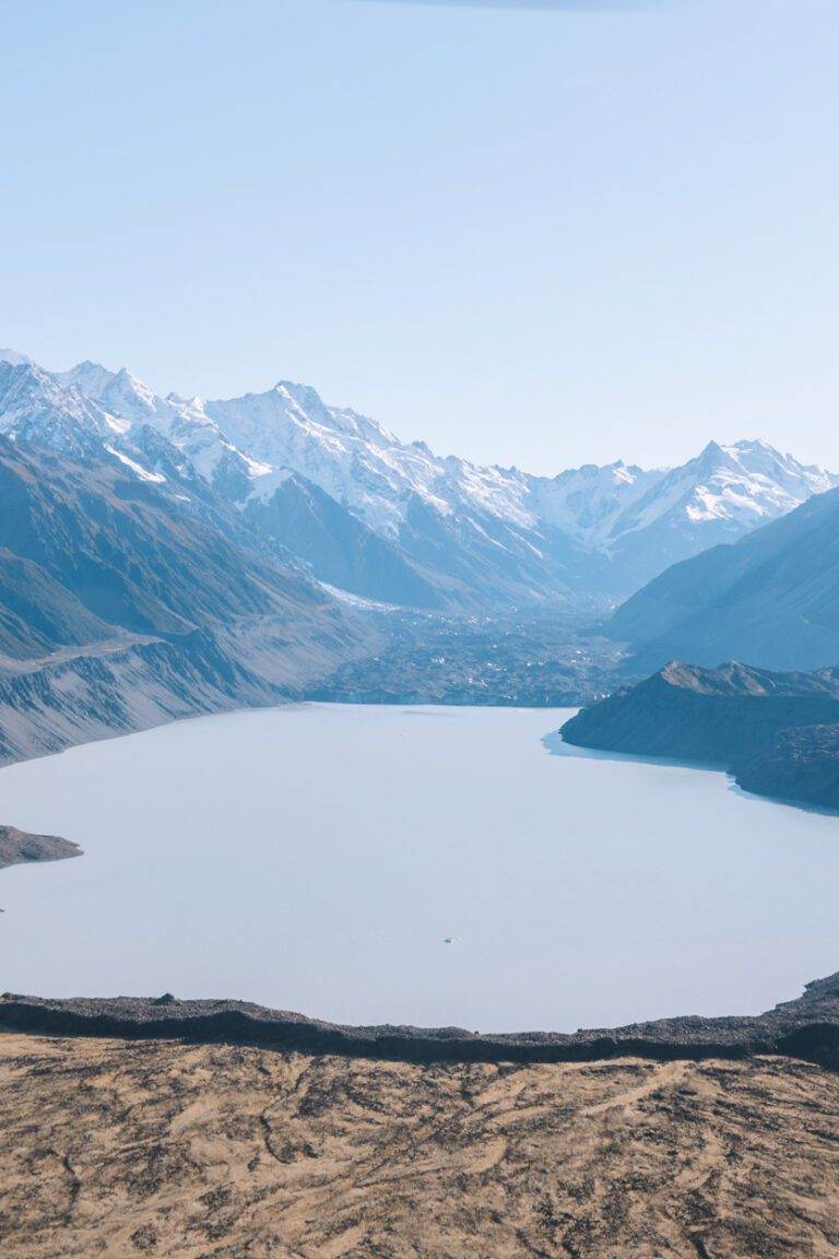 mountains and glacial lake in aoraki/mount cook national park