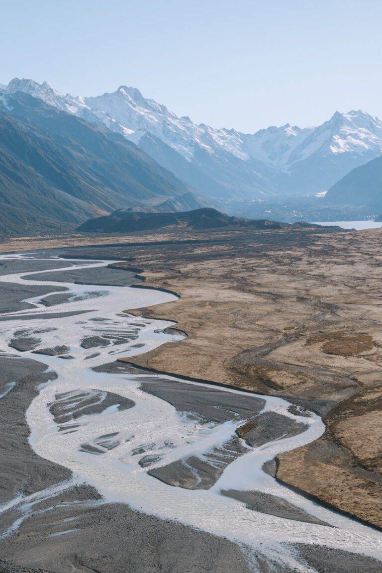 mountains and glacial lake landscape in aoraki/mount cook national park in autumn