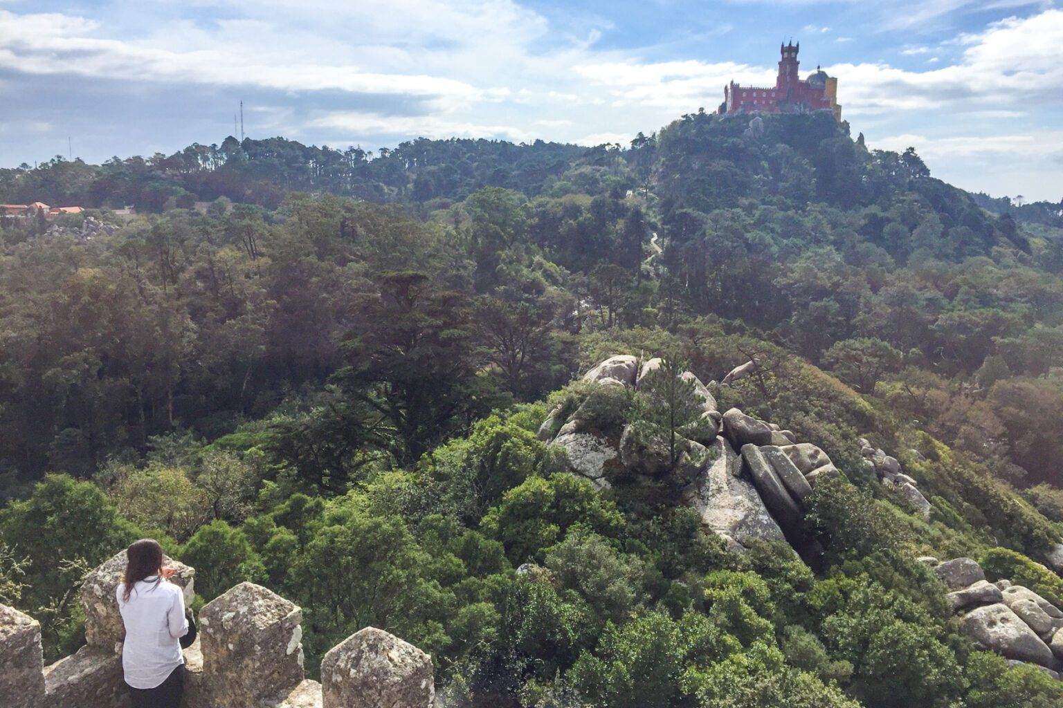 view from castle of the moors of pena palace in sintra portugal