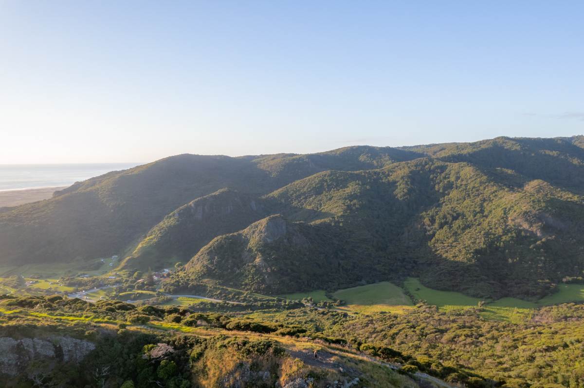 view of Waitākere Ranges, Whatipū campground and Whatipū Beach from Omanawanui track