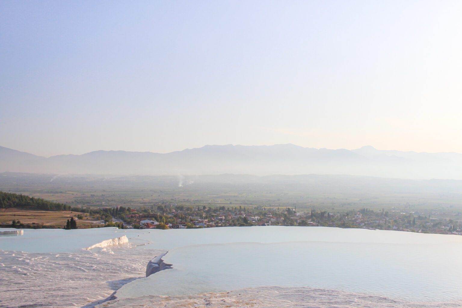 view over pamukkale town from cotton castles