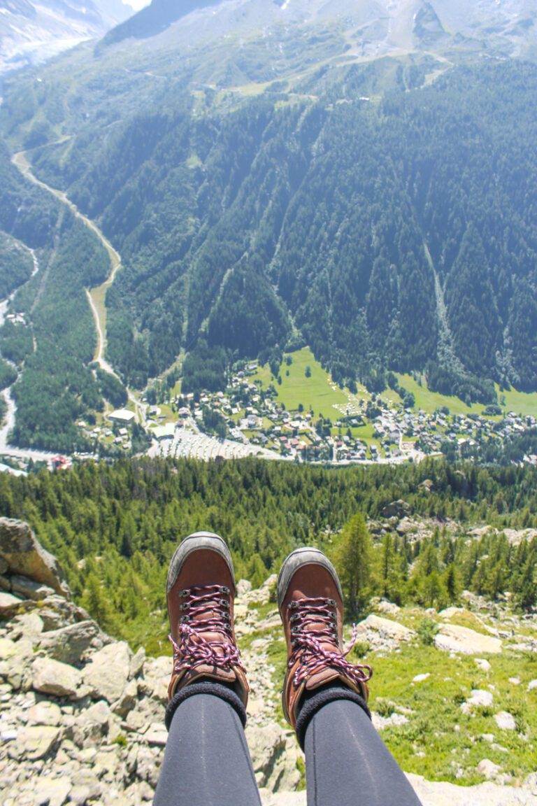 hiking boots with view of chamonix valley