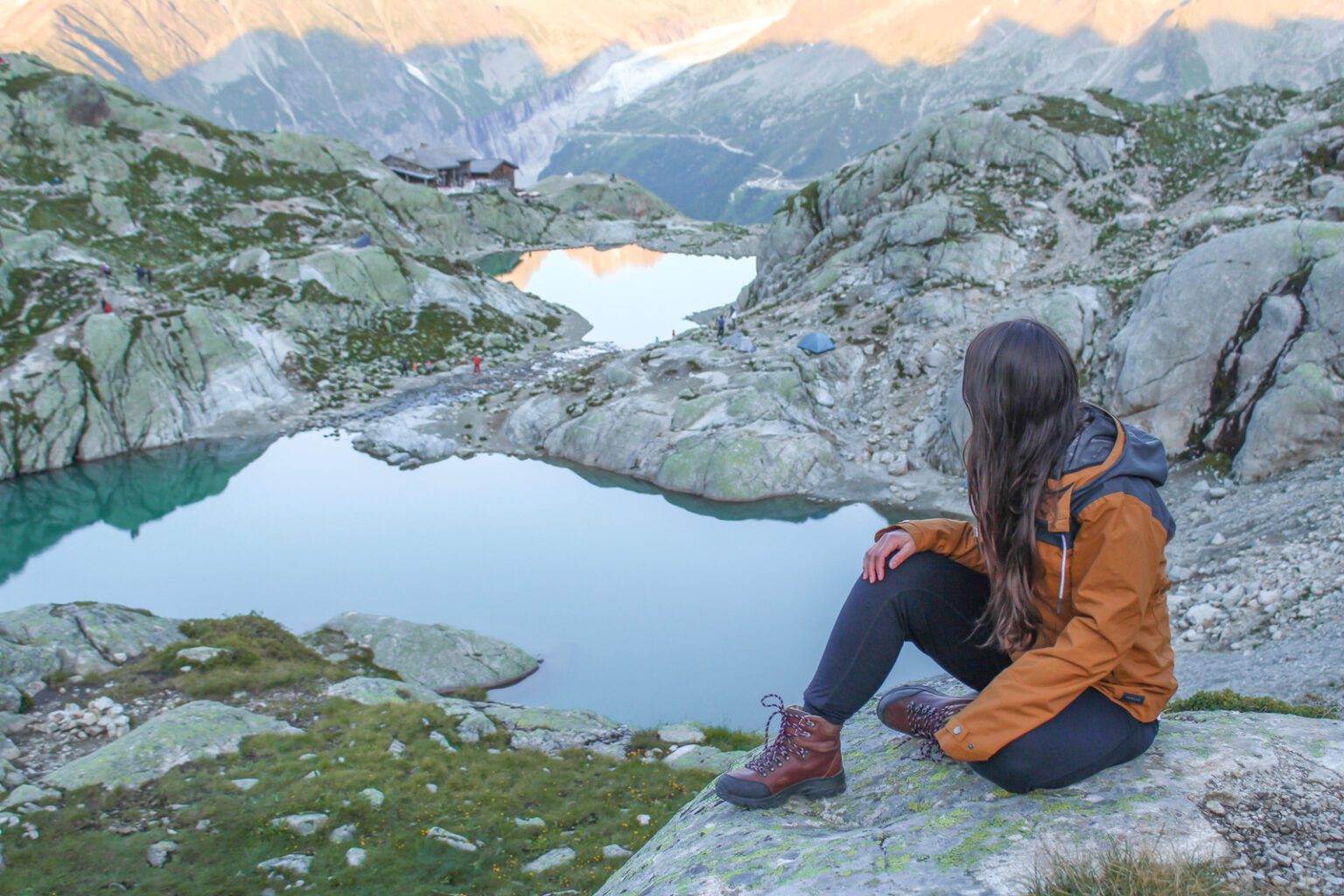 girl camping overnight after hike at lac blanc