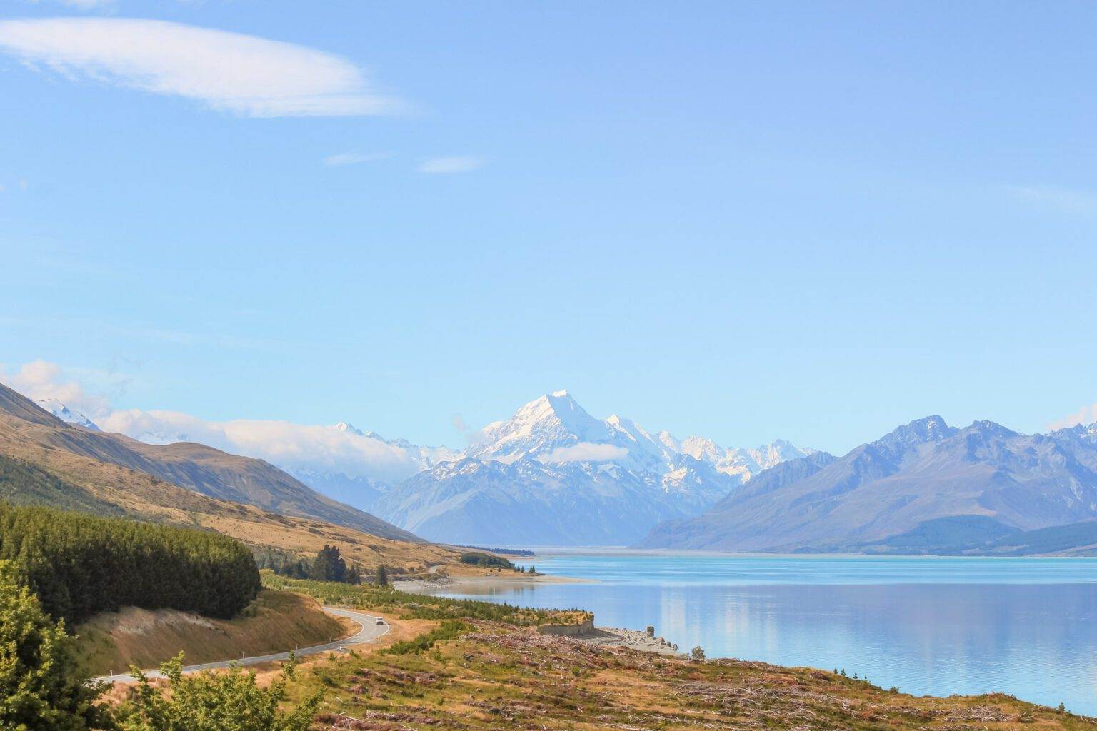 landscape of mount cook/aoraki and mount cook road in summer