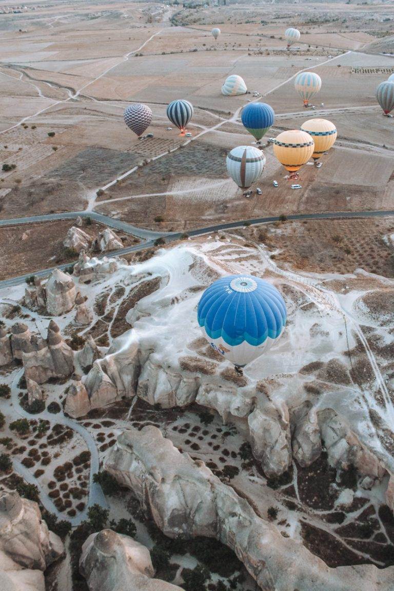 birds eye view of hot air balloons in cappadocia at sunrise